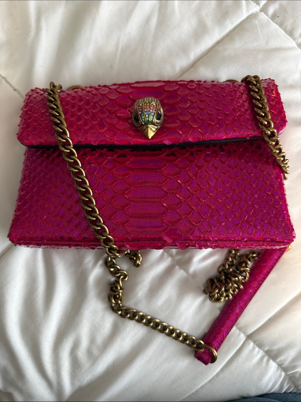 Kurt Geiger Fuchsia Python-Embossed Chain Crossbody Bag